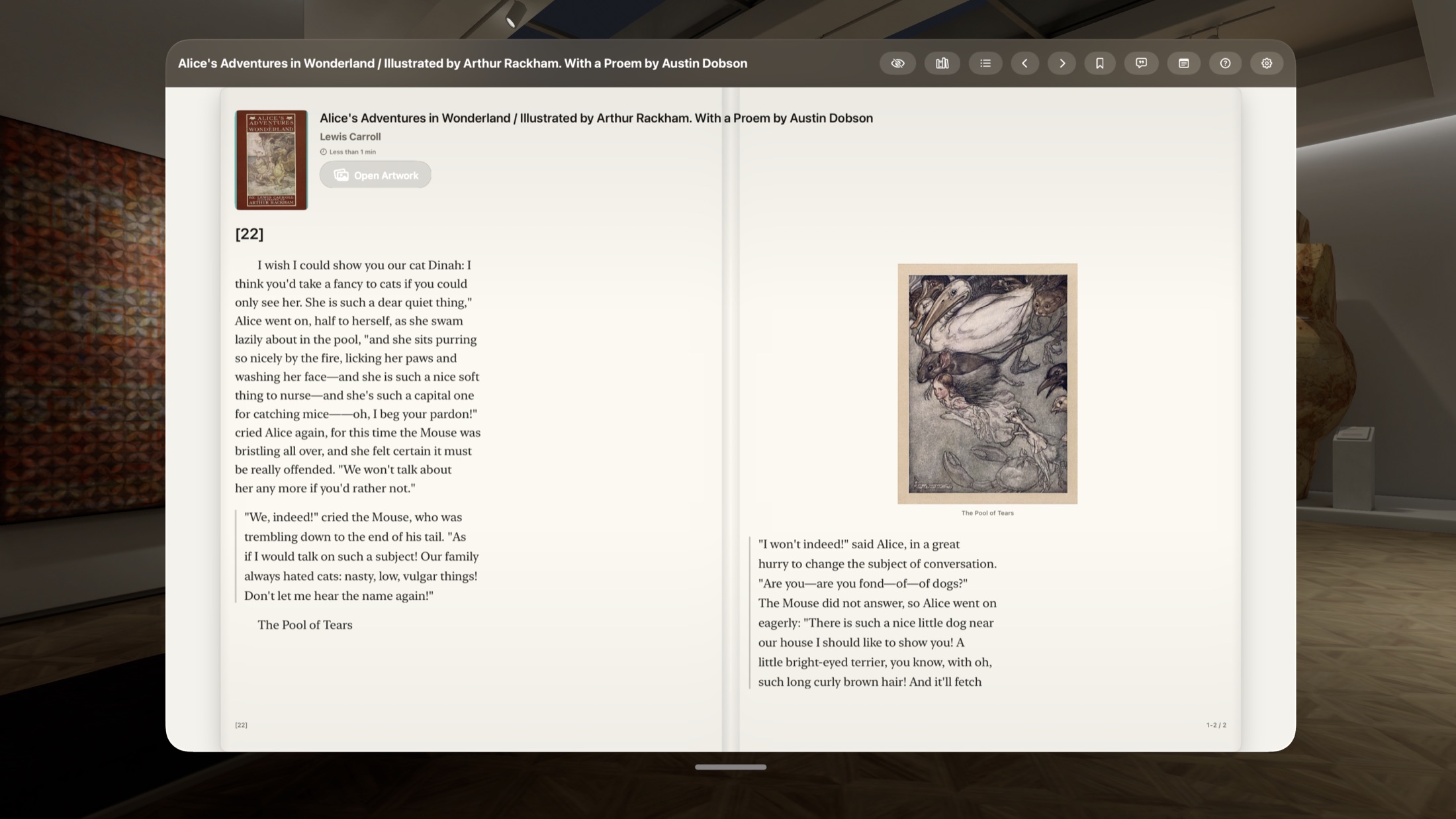 FolioSpace Reader showing an illustrated two-page EPUB on Apple Vision Pro.